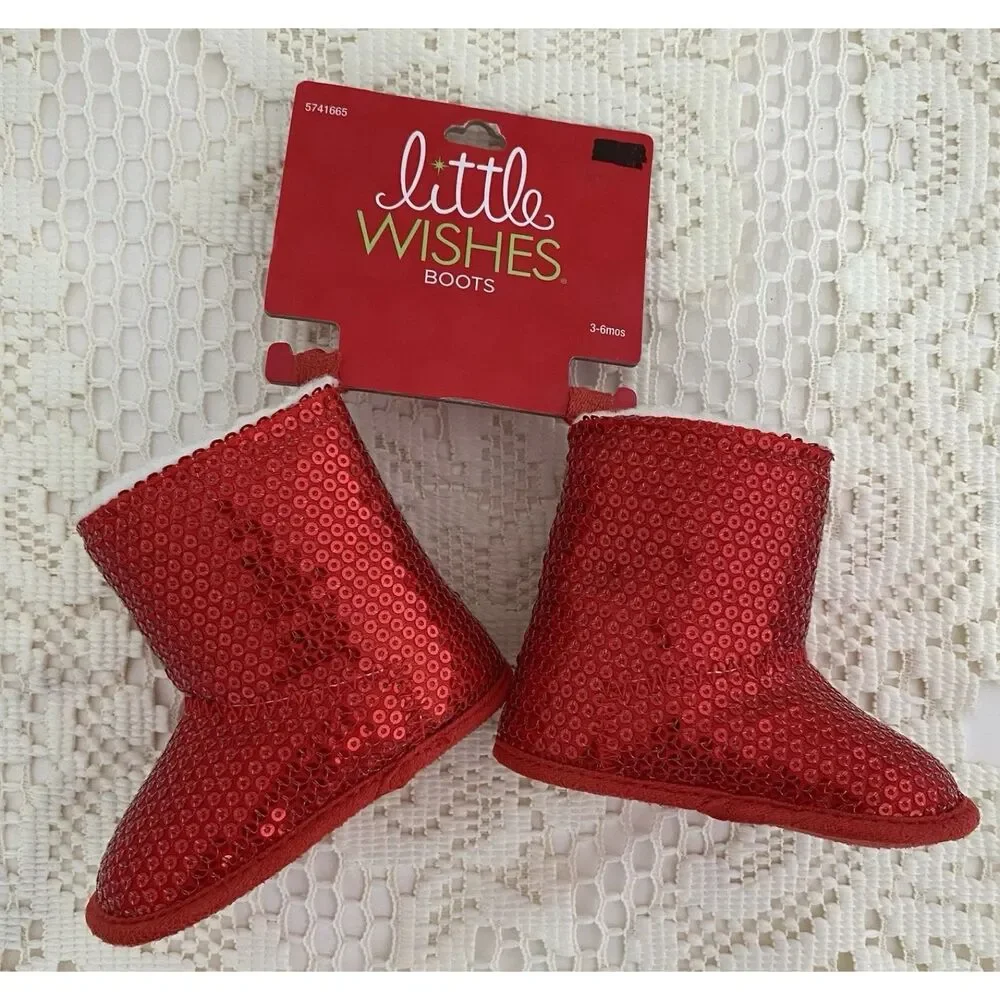 Little Wishes Baby Girl Size 3-6 months Red Boots Sparkly Christmas Holiday - Picture 7 of 12